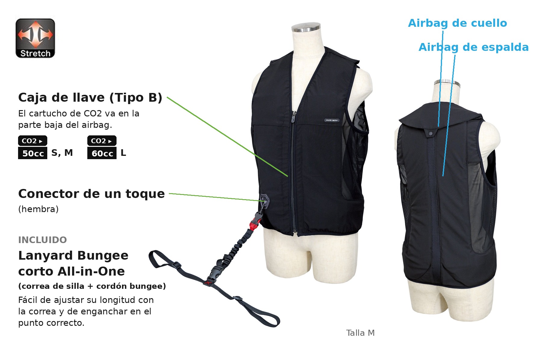 Tejido elástico, airbag de cuello y espalda, caja de llave Tipo B y lanyard bungee incluido.